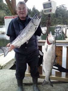 Vern Storry caught two winter springs weighing 17.4 lbs and 12.4 lbs inside Becher Bay. 