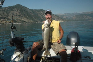 Russ Groth of Stanwood, WA with a 12lb Lake Chelan Laker.  He was fishing with Marvin Ayres of Everett, WA.
