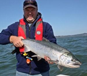 A Blue Fox spinner trolled near the surface fooled this husky Willapa Bay Coho for Harley Graves. (Terry Rudnick photo) 