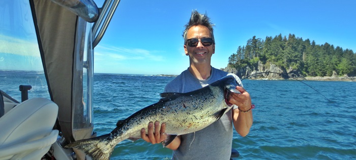 Darcy from Toronto with a fourteen pound Chinook landed at Cree Island in Barkley Sound. This fish hit a three and a half inch Irish Cream Spoon.