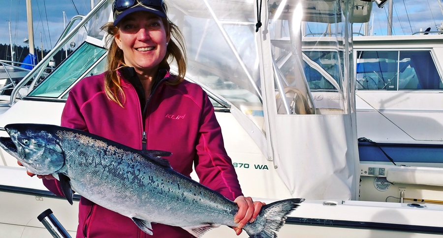 Vicki Klein with a nice Blackmouth. This grade of Chinook is what our Winter fishery is built on. This one fell to a Silver Horde 3" spoon behind an 11" flasher.