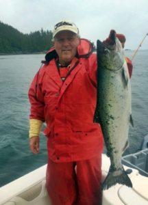 Chinook Salmon landed in Barkley Sound. Landed using anchovy in a chartreuse teaser head.