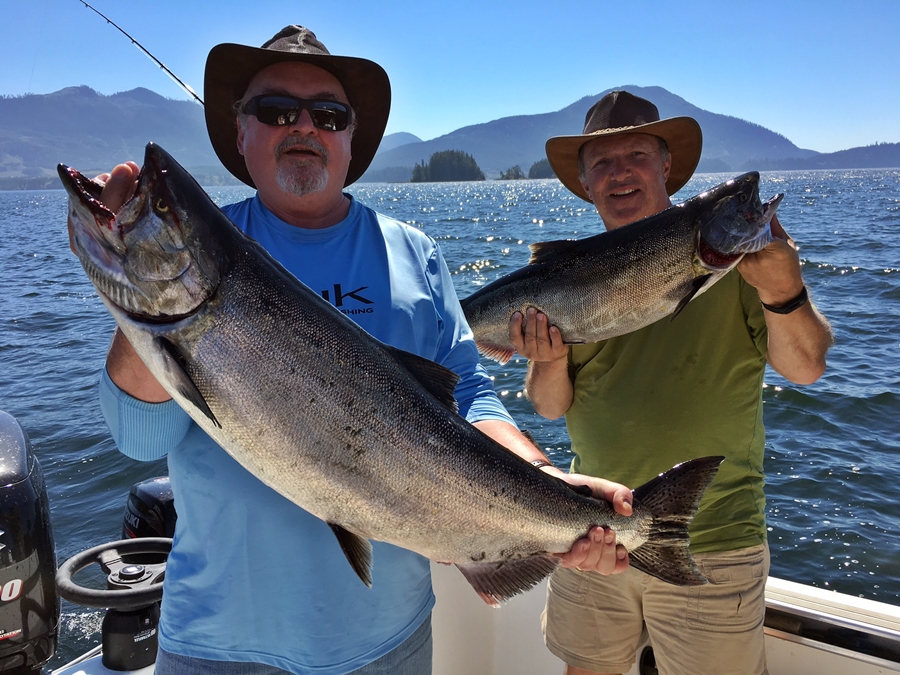 Mardie and Fred fished with Doug of Slivers Charters Salmon Sport Fishing and show off two salmon landed close to the Bamfield Wall located close to Bamfield B.C. Vancouver Island